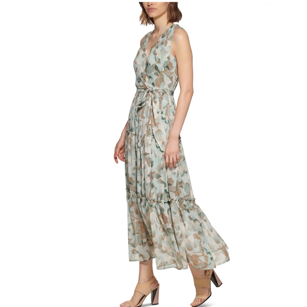 Calvin Klein Tiered Maxi Dress Sea Green Metallic Gold Floral Print Sz 6 - Picture 4 of 8
